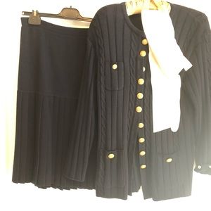 Navy Knit Cardigan and Skirt Suit